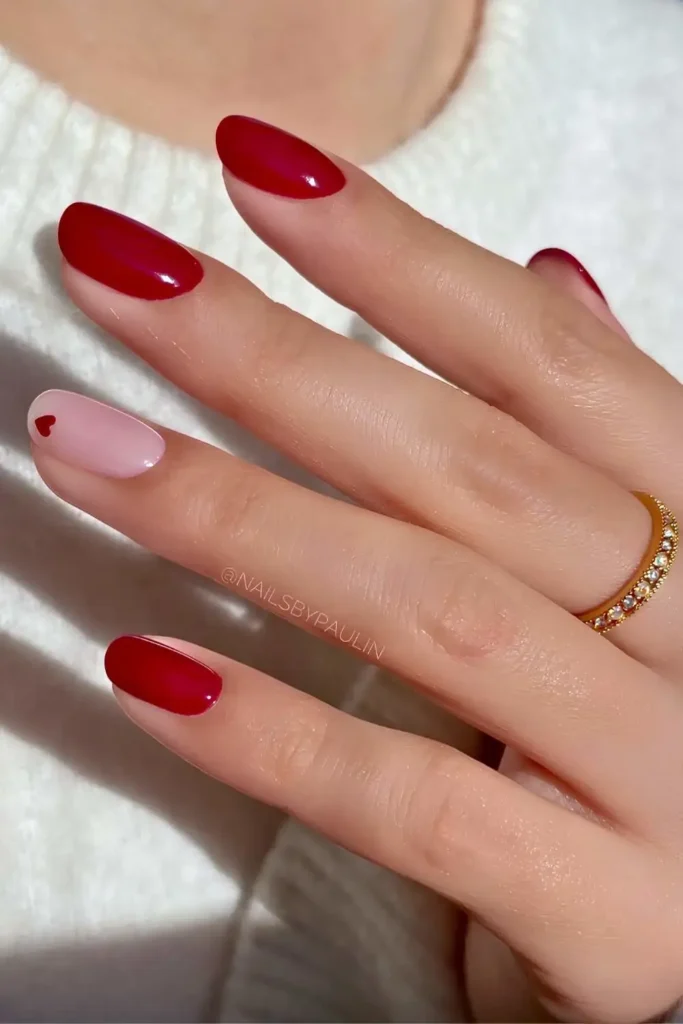 Cherry Red Nails With Accent French Tip Outlines