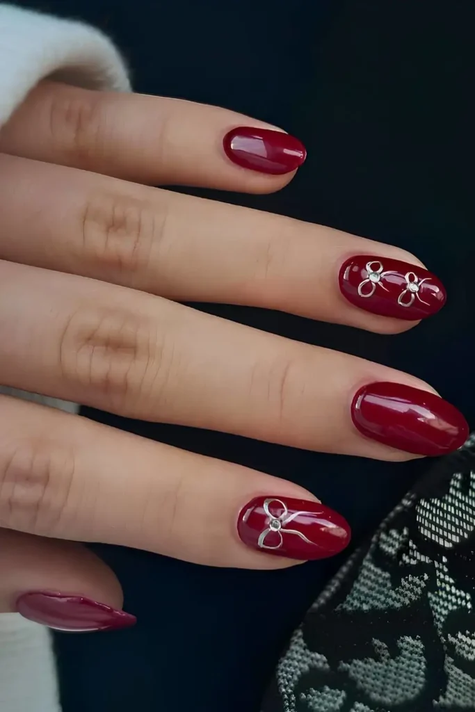 Deep Red Nails With Accent Star Art