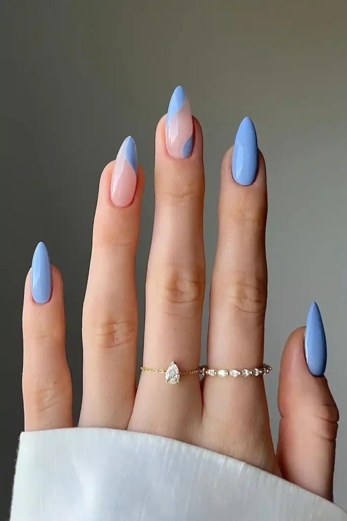 Denim Blue Nails With Negative Space Design That Feels Modern