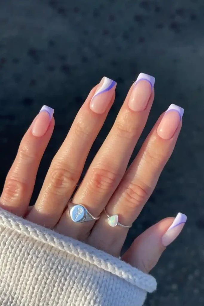 Double French Tips in Light and Dark Purple for a Stylish Contrast