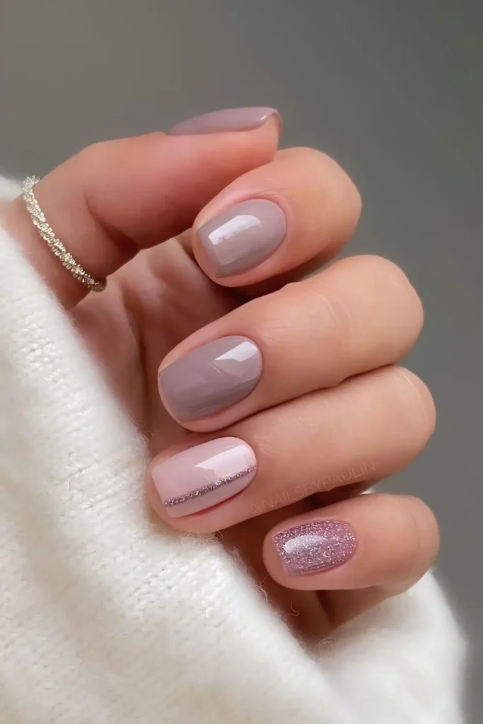 Dusty Mauve Nails With Glitter Accent for an Elegant Glam Look
