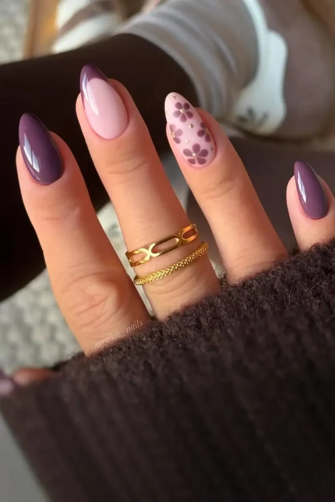 Dusty Purple Nails With Floral Art for a Soft Elegant Look