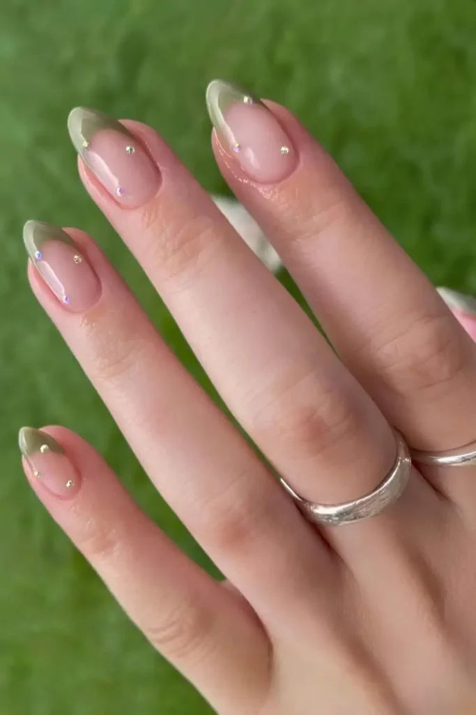Earthy Green French Mani With Rhinestones That Adds Instant Glam
