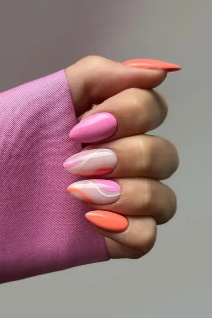 Elegant Pink and Orange Nails With Swirls That Feel Fresh and Vibrant