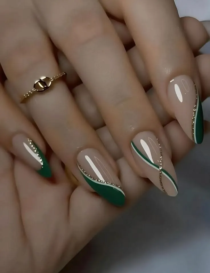 Emerald Green French Nails With Gold Swirl Accent Details