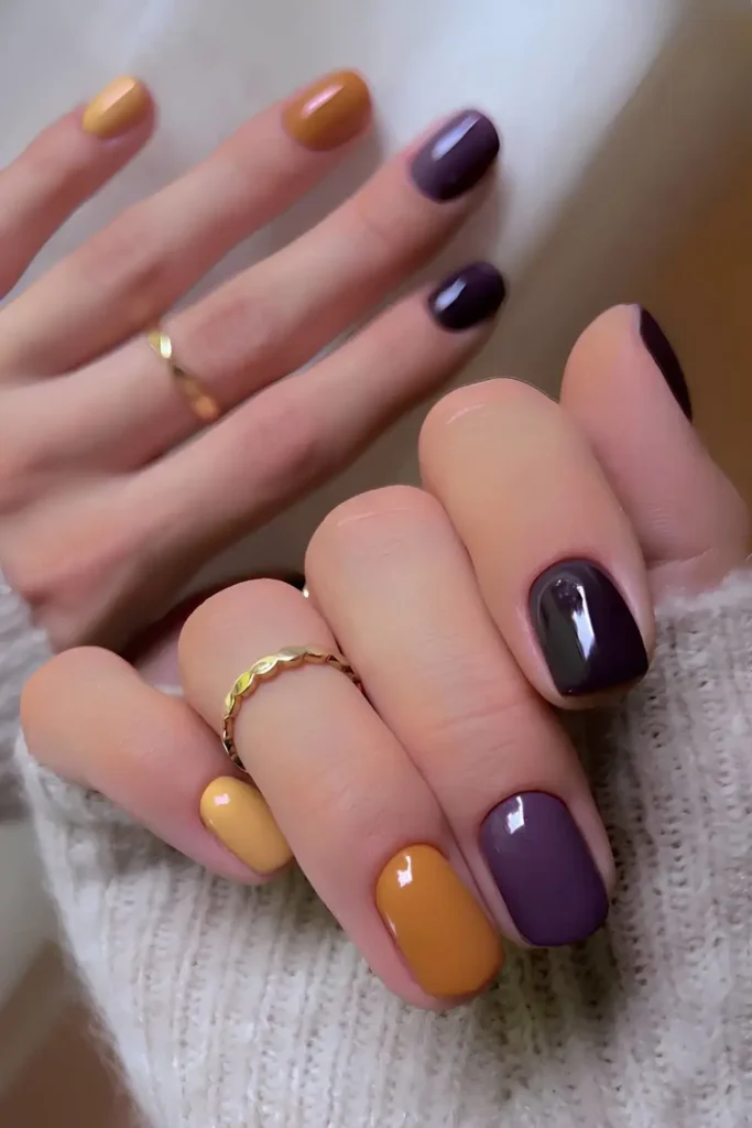 Fall Skittle Mani in Purple and Yellow Tones