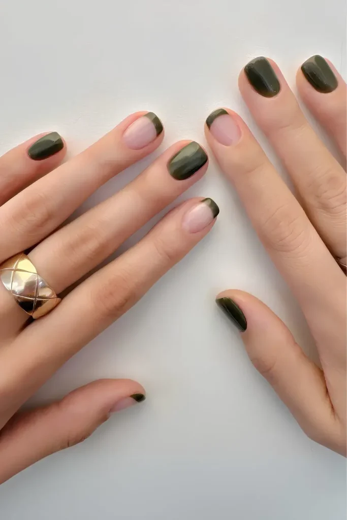 Forest Green Solid and French Tip Mix Manicure That Looks Stylish