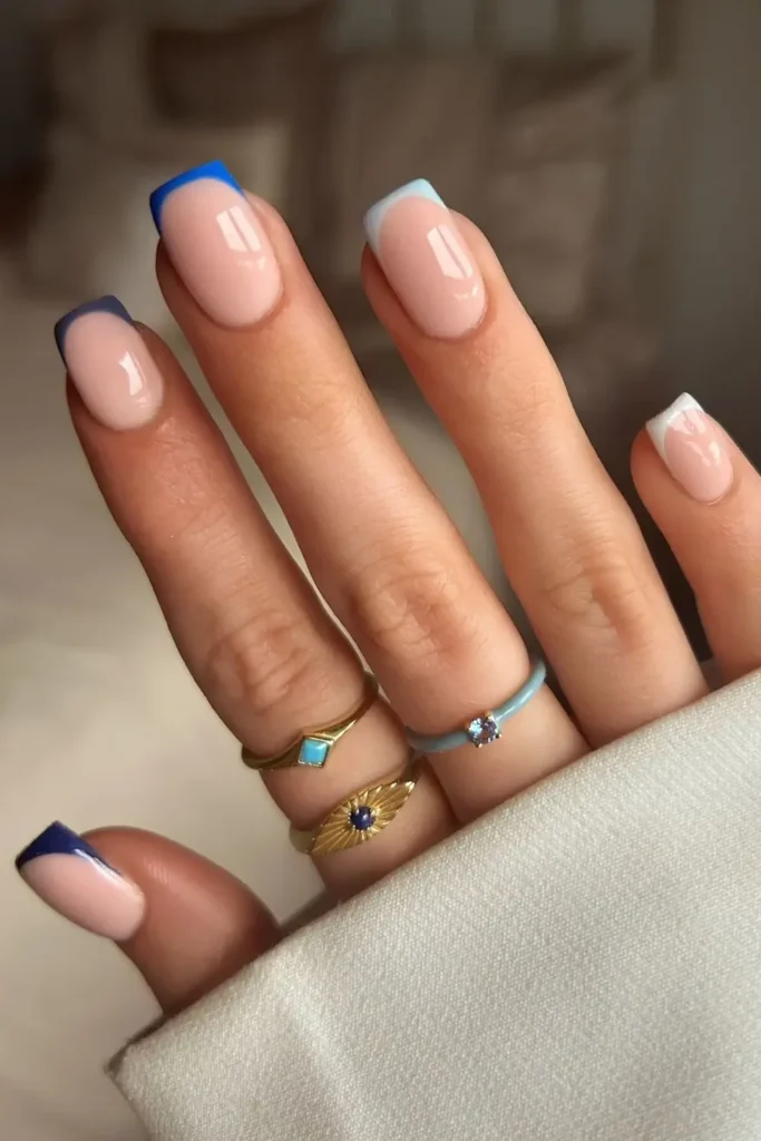 Navy Blue Leaf Nails With Gold Foil Accent Details