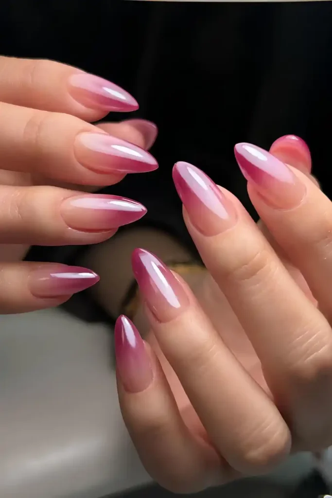 Glazed Burgundy Ombre Nails With a Rich Glossy Fade