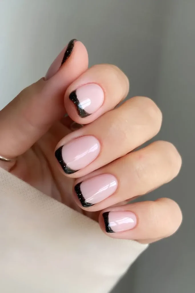 Glittery Black French Manicure That Shines Beautifully
