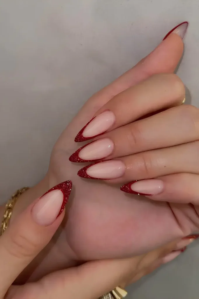 Glittery Cherry Red French Nails That Shine From Every Angle
