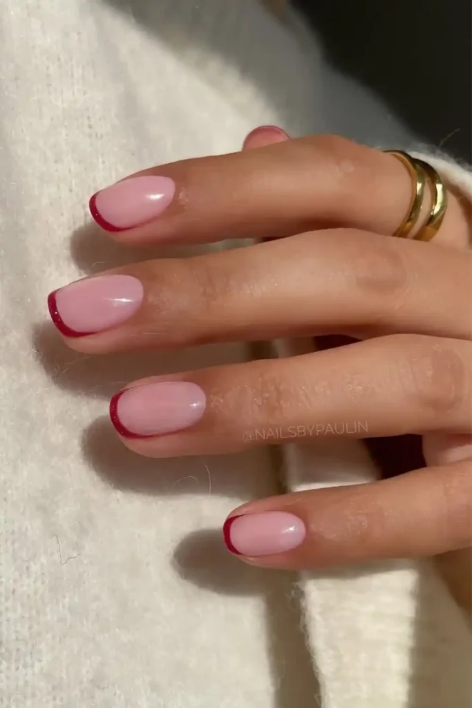 Glittery Dark Red Micro French Tips That Add Subtle Sparkle