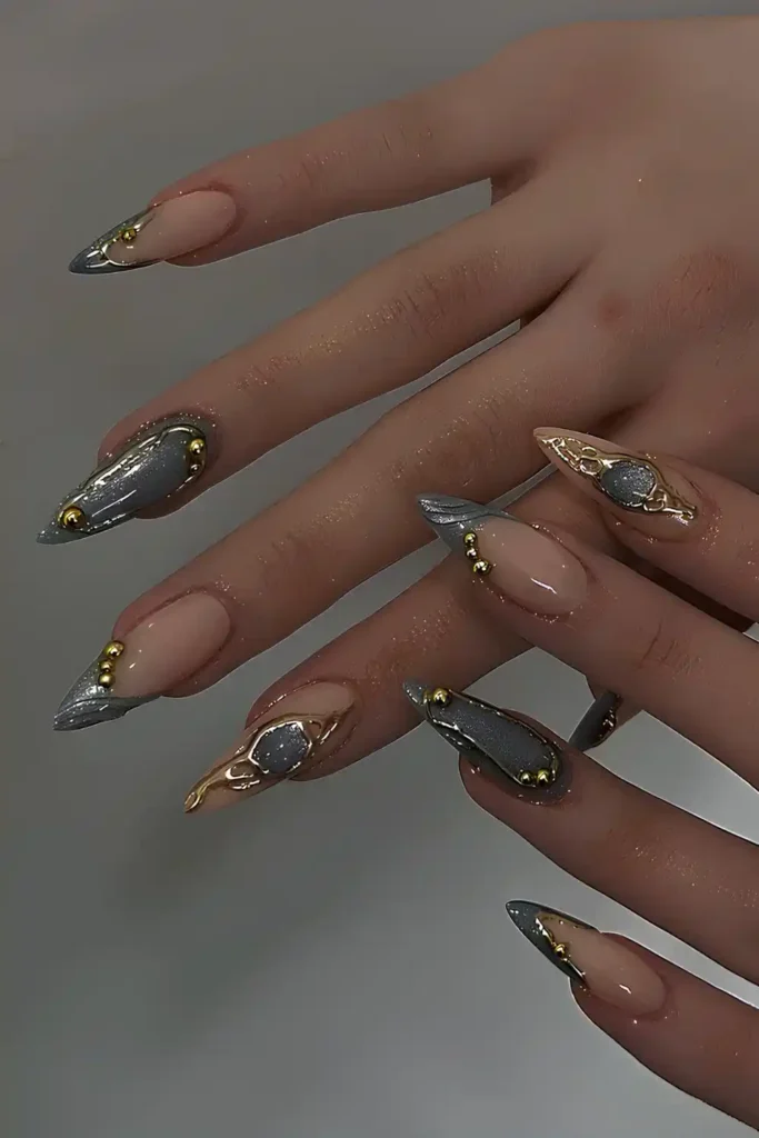 Glittery Gray Nails With Gold Accents That Sparkle Beautifully
