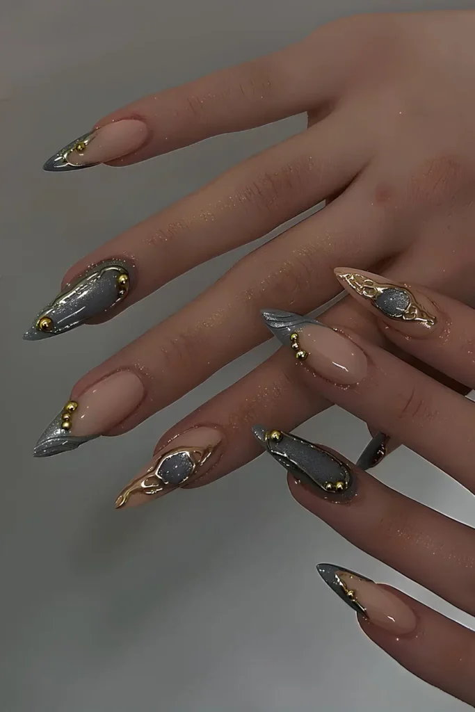 Glittery Gray Nails With Gold Accents That Shine Beautifully