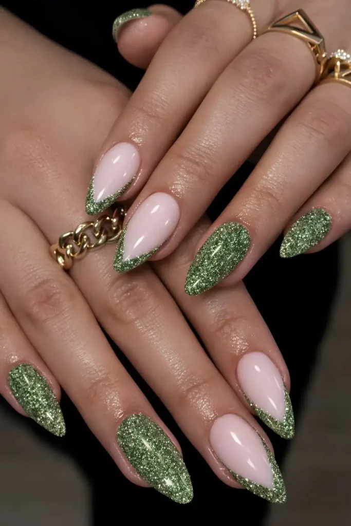 Glittery Green Nails With Accent French Tips for a Fresh Look