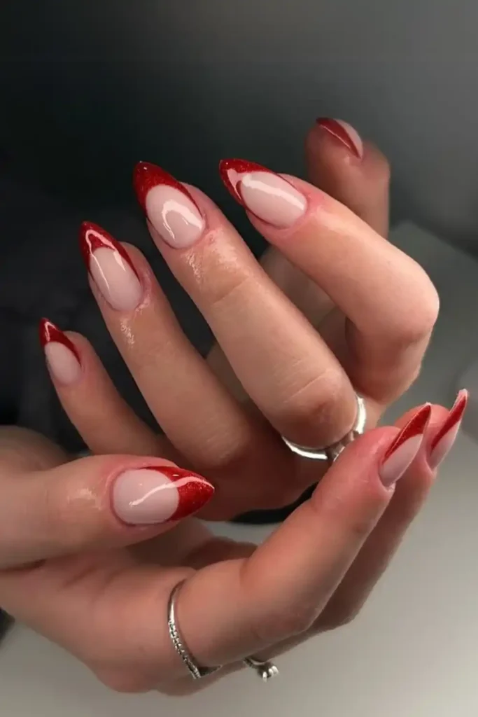 Glittery Red French Tip Nails That Shine Beautifully