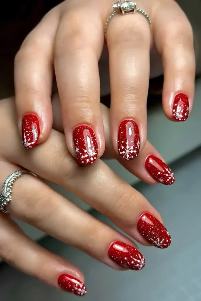 Glittery Red Manicure With Snowflakes for a Festive Winter Look