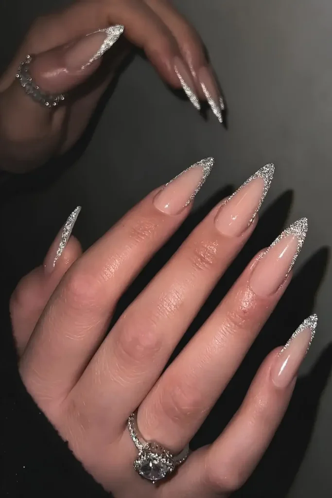 Glittery Silver French Tip Manicure That Sparkles Beautifully