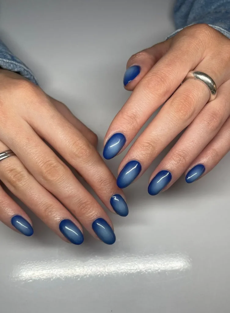 Glossy Blue Ombre Nails With Smooth Gradient Color Blend