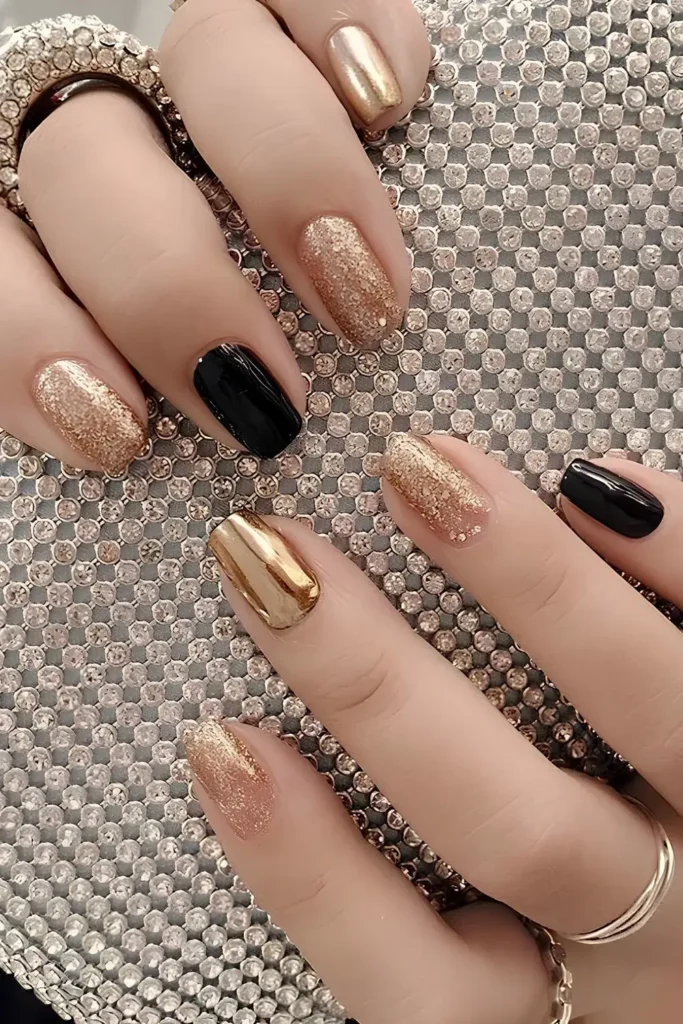 Gold and Black Nails With Glitter and Chrome Accents