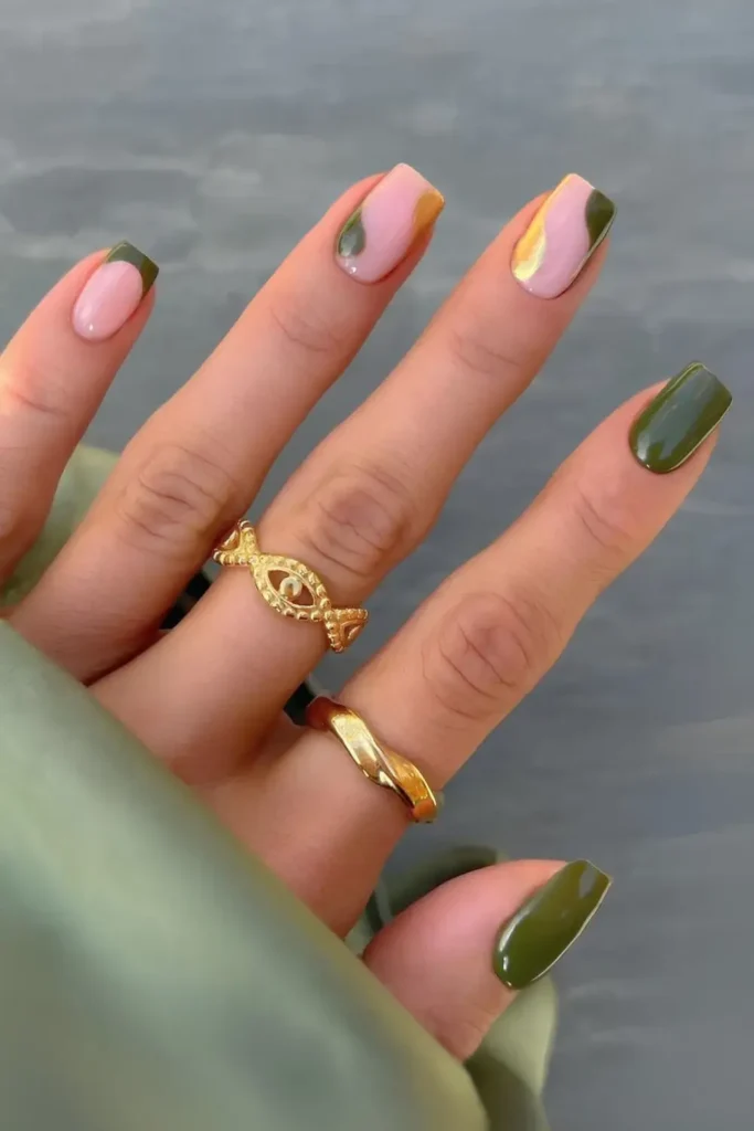 Gold and Green Nails With Negative Space Design for a Modern Luxe Look