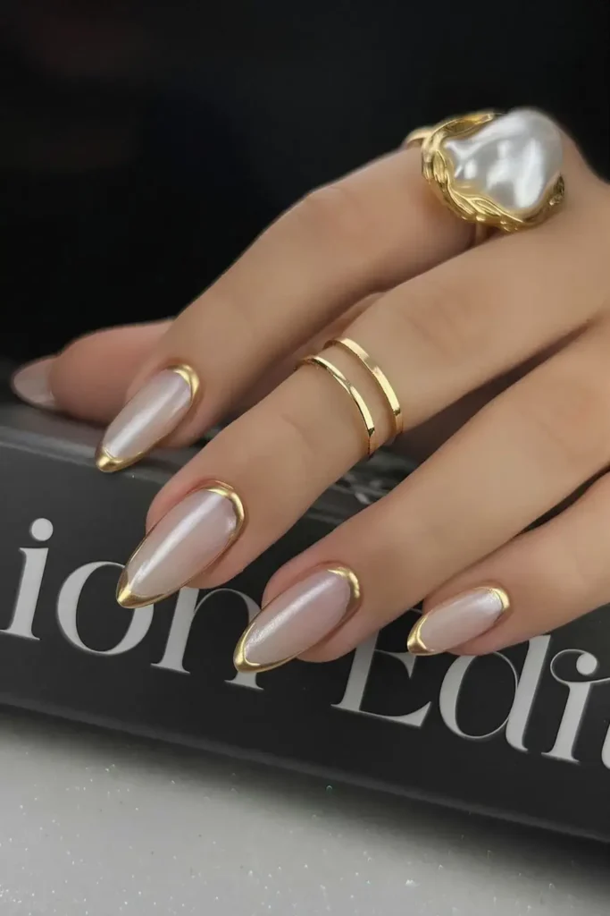 Gold Border French Tips on a White Base