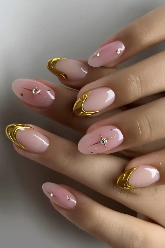 Gold Celestial French Mani With Pink Aura Accent