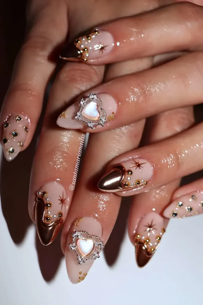 Gold Chrome French Mani With Rhinestones for a Luxe Finish