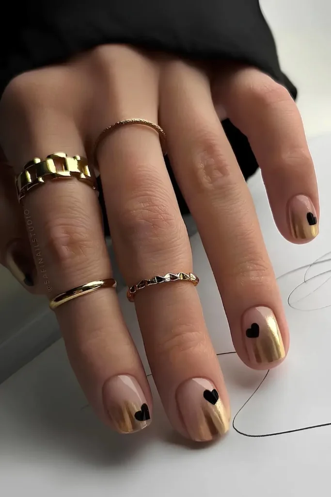 Gold Ombre Nails With Black Heart Art You'll Love