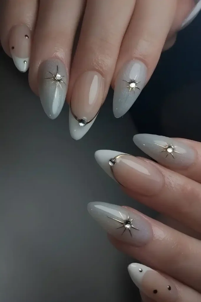 Gray and White Celestial Nails With a Dreamy Magical Touch