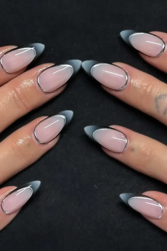Gray Aura French Mani With Silver Outlines That Feel Elegant