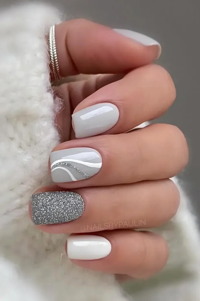 Gray Mani With Glitter and Line Art for a Modern Look