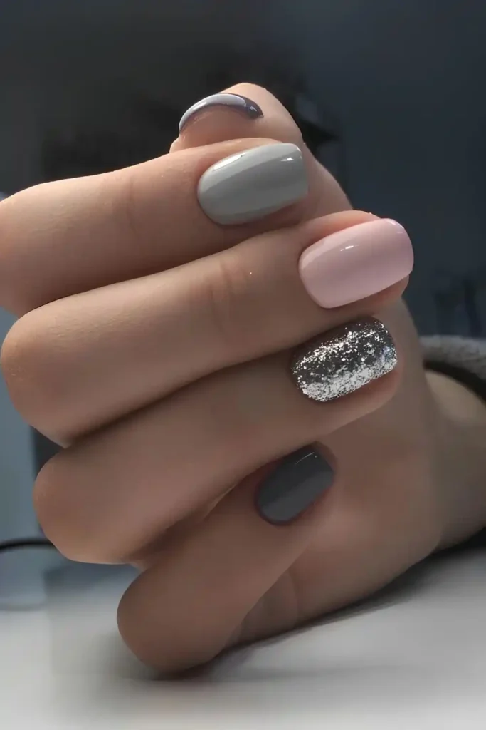 Gray Mani With Pink and Glitter Details That Shine Beautifully