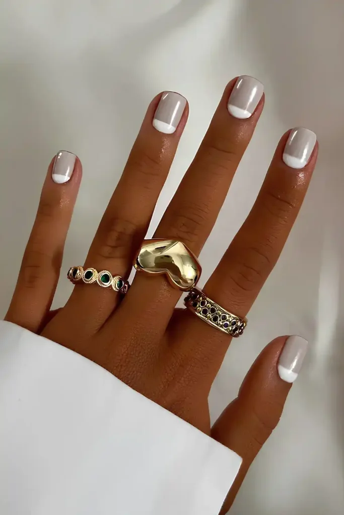 Gray Mani With White Half Moon Accents for a Chic Minimal Style