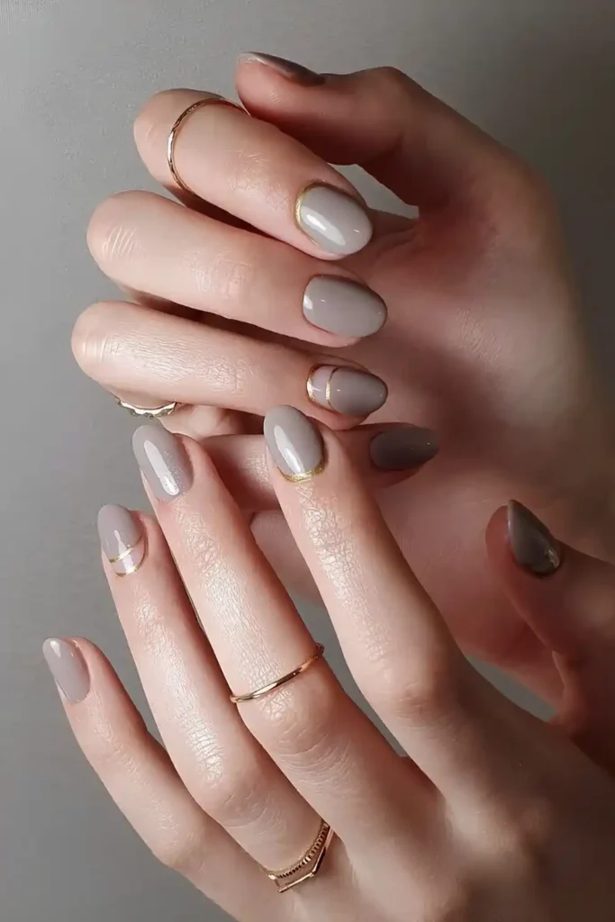 Gray Nails With Accent Gold Lines for a Sophisticated Finish