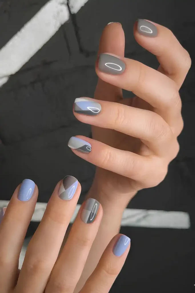 Gray Nails With Blue Accents for a Fresh Color Contrast