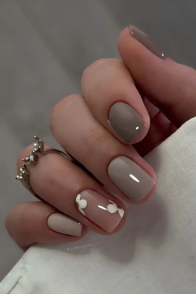 Gray Nails With White Floral Art That Feel Soft and Feminine