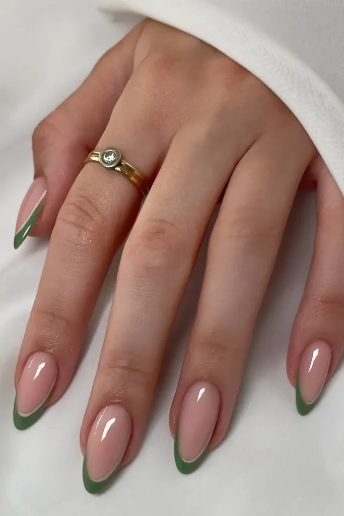 Green French Mani With Accent Pink Lines