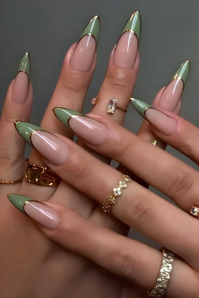 Green French Mani With Gold Outlines for a Luxe Modern Style
