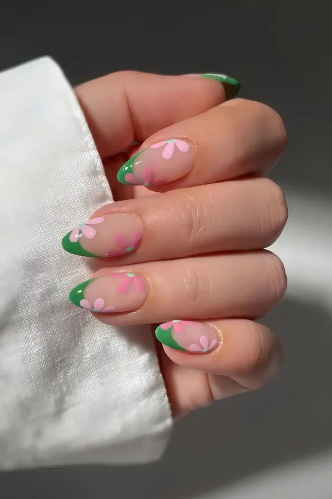 Green French Nails With Pink Flowers That Feel Fresh and Cheerful