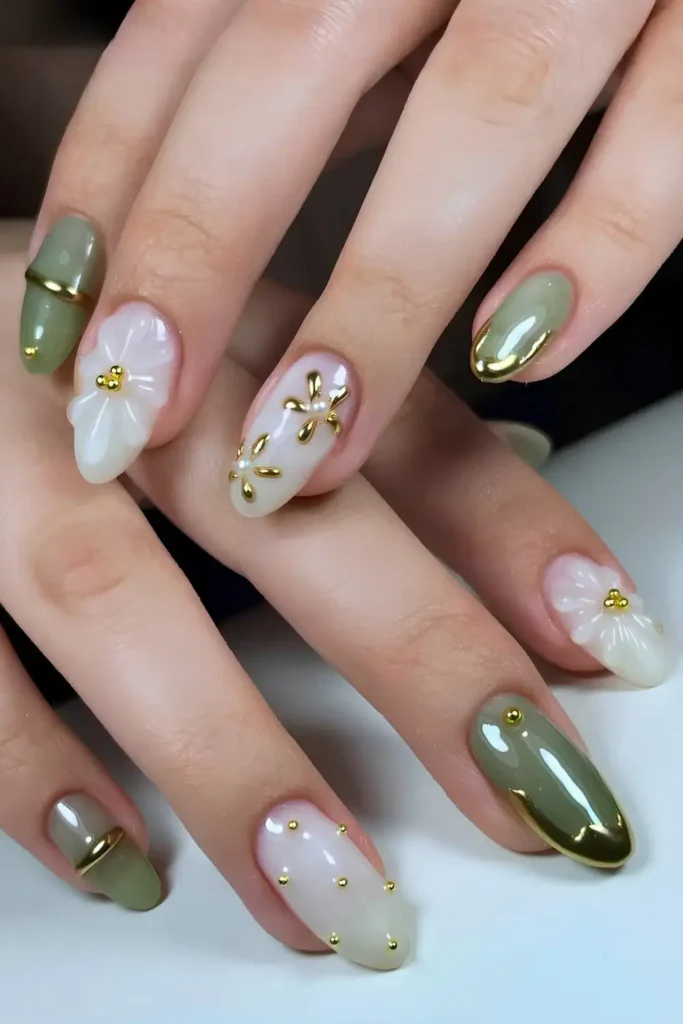 Green and White Nails With Sculpted Gold and Floral Accents That Look Luxurious