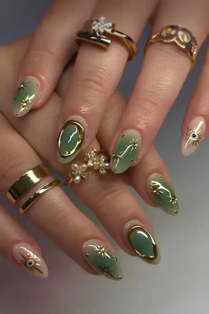 Green Aura Mani With Gold Chrome Details That Glow Beautifully