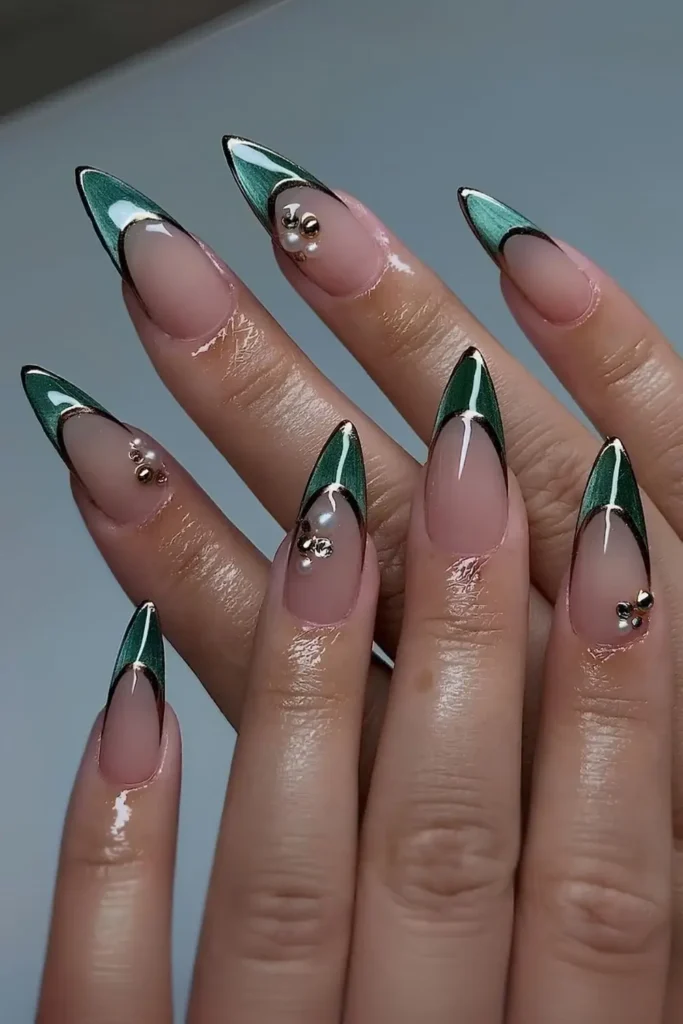 Green Cat Eye French Nails With Pearls for a Luxe Look