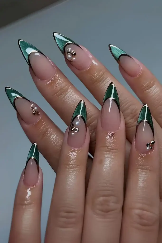 Green Cat Eye French Nails With Pearls That Shine Beautifully
