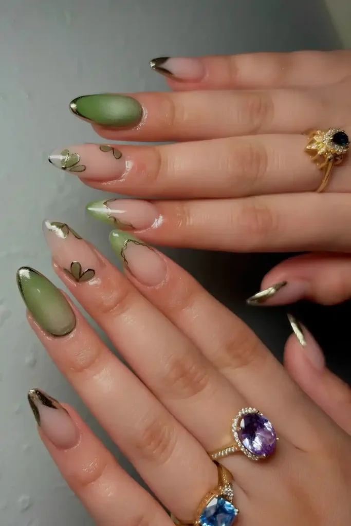Green Cat Eye Nails With Floral Art for a Fresh Feminine Style