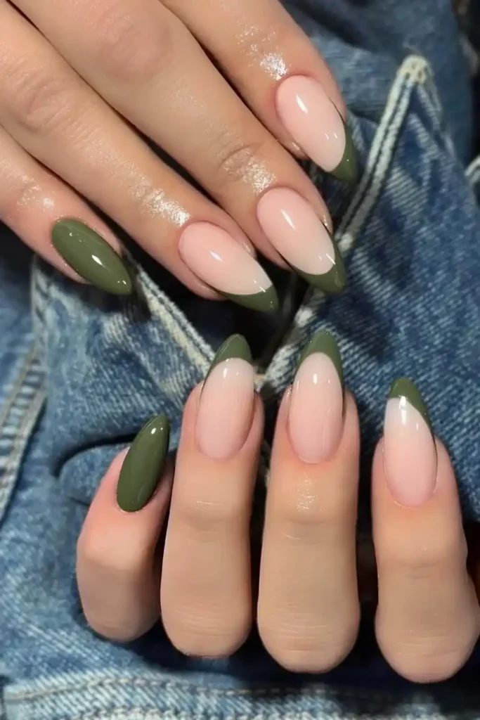 Green Nails With Accent French Tips for a Fresh Elegant Style