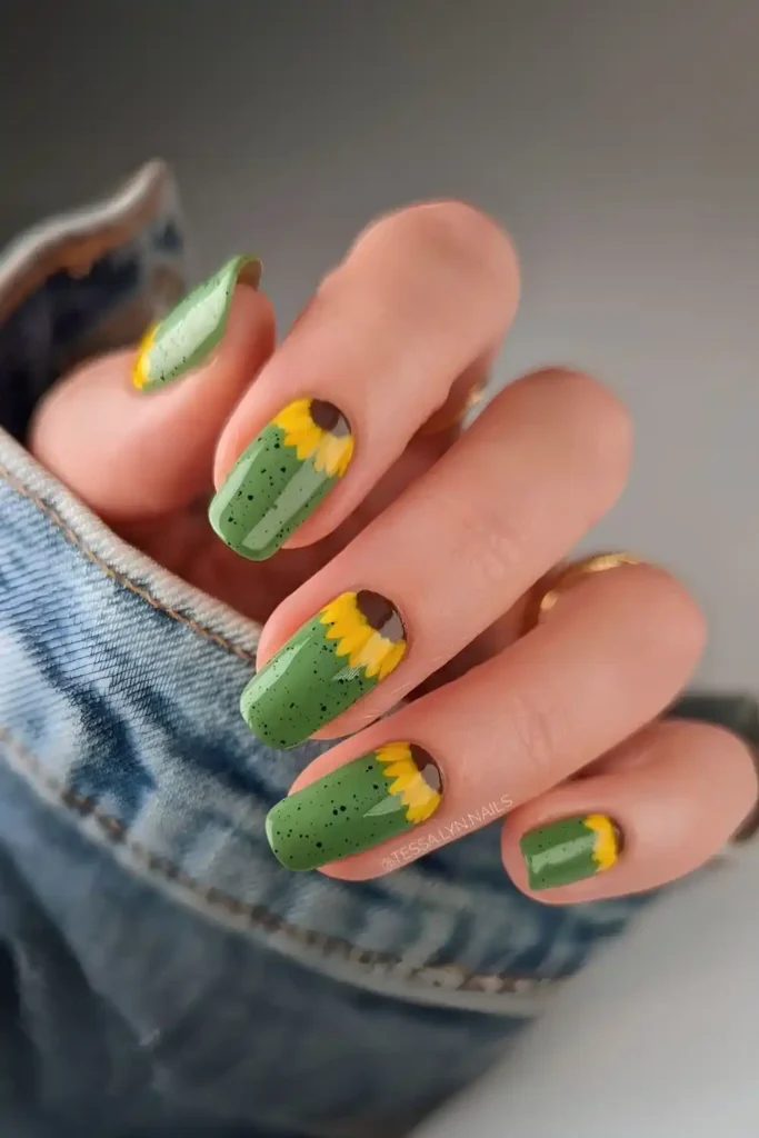 Green Nails With Sunflower Art for a Cheerful Style