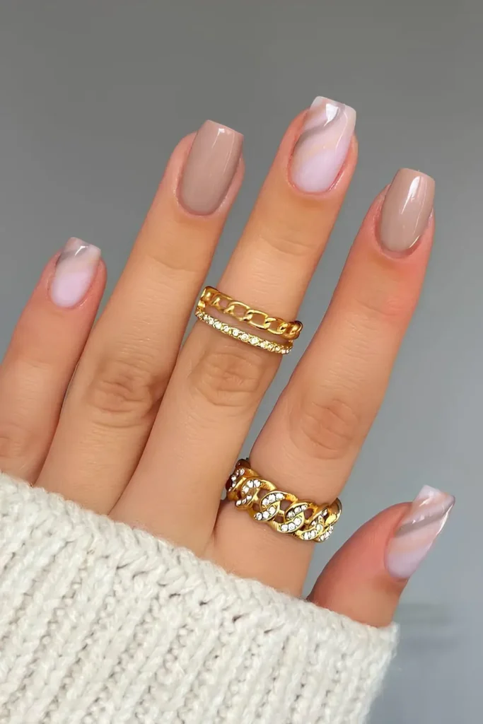 Greige Mani With Accent Swirl Art for an Elegant Modern Finish