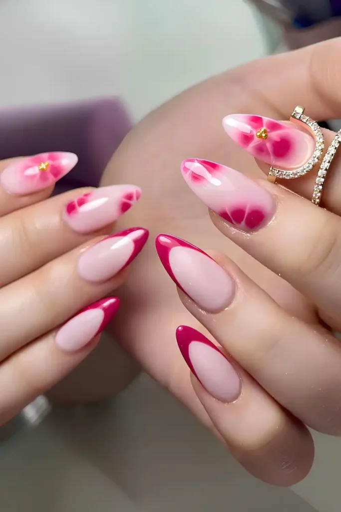 Hot Pink French Mani With Blooming Gel Flowers for a Fresh Floral Look