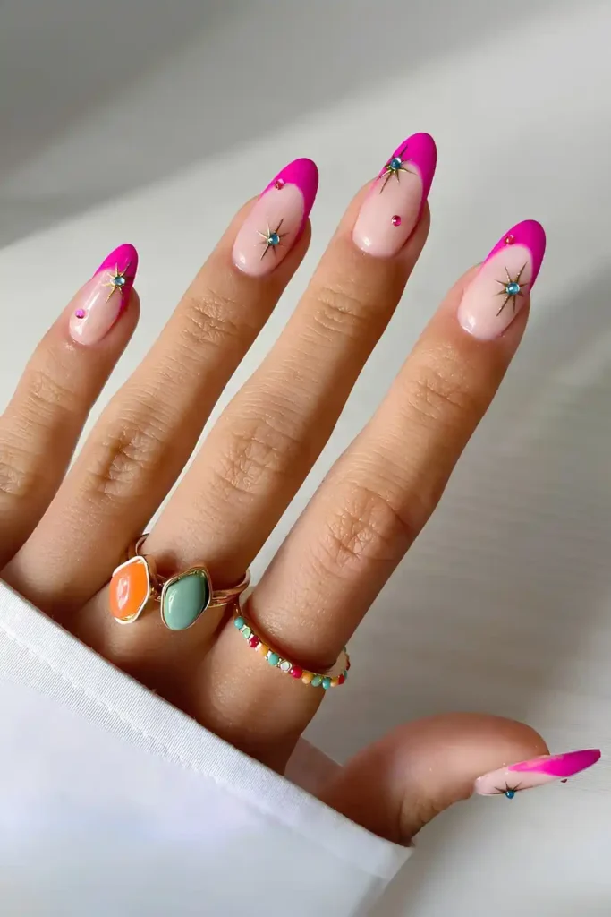 Hot Pink French Nails With Celestial Accents for a Glamorous Finish